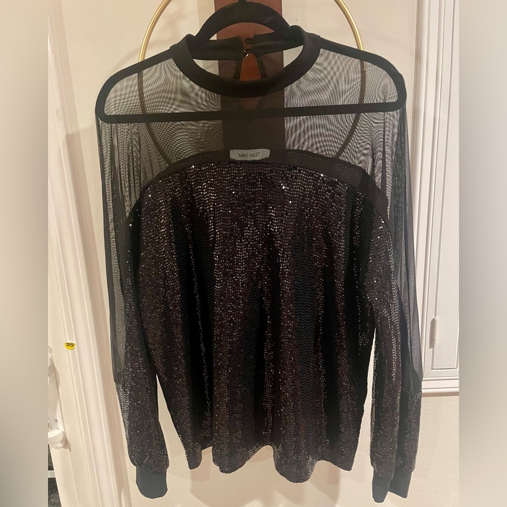 Nine West Black Sequin Mesh Long Sleeve Top
